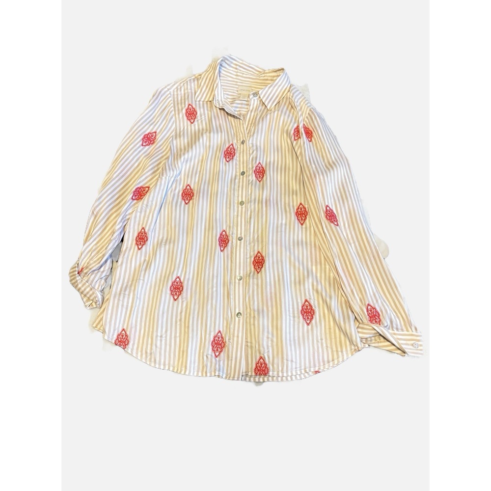 Chico's Tan and Cream Striped Button Down Red Embroidered Medallions 2 = USLarge